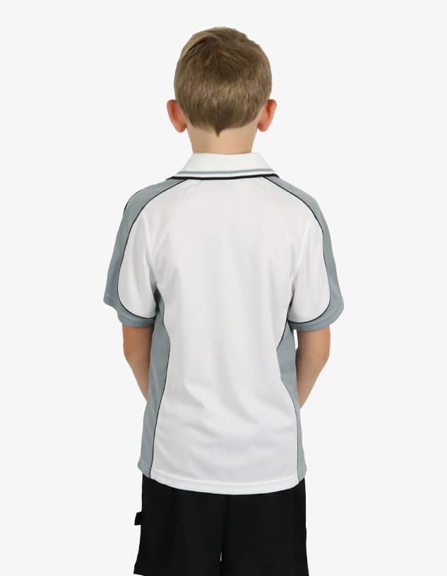 A polo shirt featuring a white body with grey accents, designed for children, with a logo on the back.