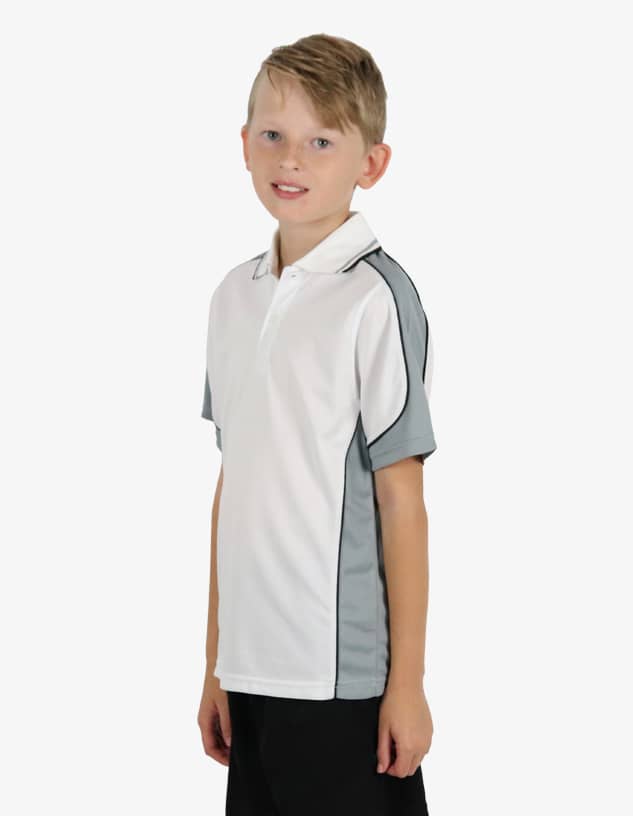 A polo shirt in white with grey accents, featuring a logo on the front. Suitable for casual wear.