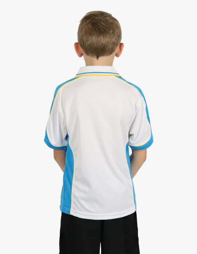 A polo shirt in white with blue accents, featuring a logo on the side. Suitable for casual wear.