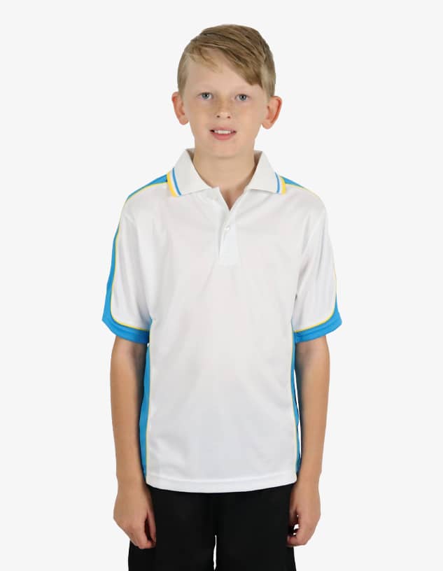 A white polo shirt featuring blue and yellow trim, displayed on a young boy standing upright.