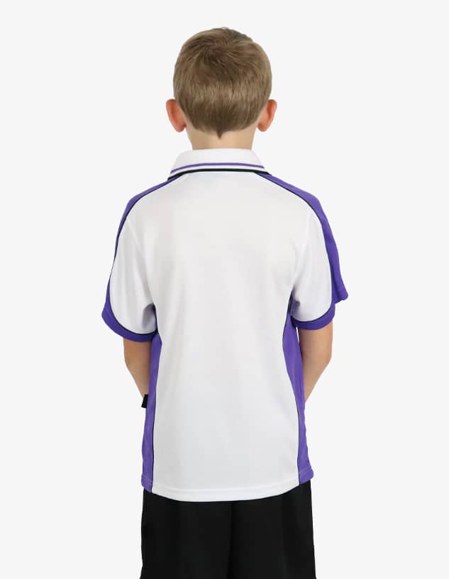 A polo shirt in white and purple, shown from the back, featuring contrasting sleeves. It has a logo on the chest.