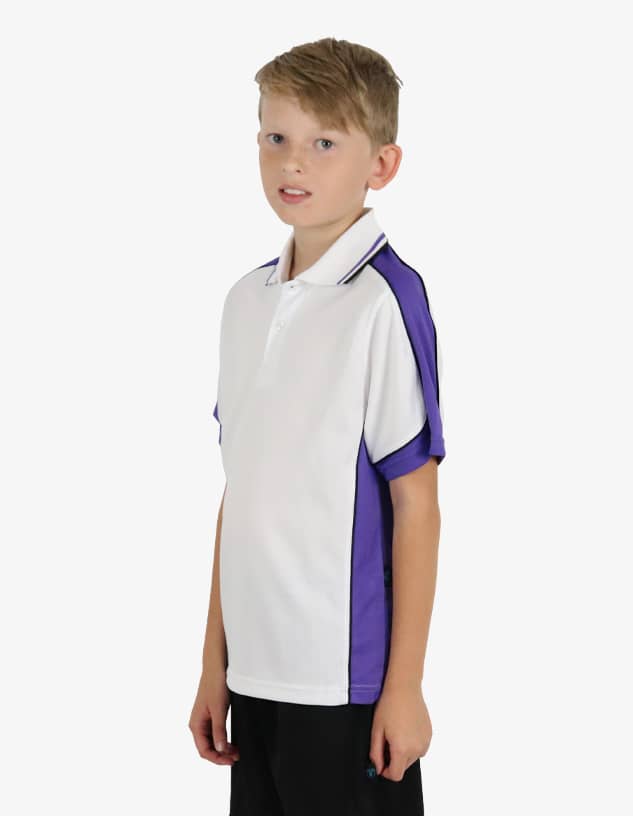 A white and purple polo shirt with a logo, worn by a young boy standing against a plain background.
