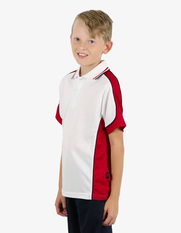 A youth polo shirt featuring white and red colours, with a logo on the front.