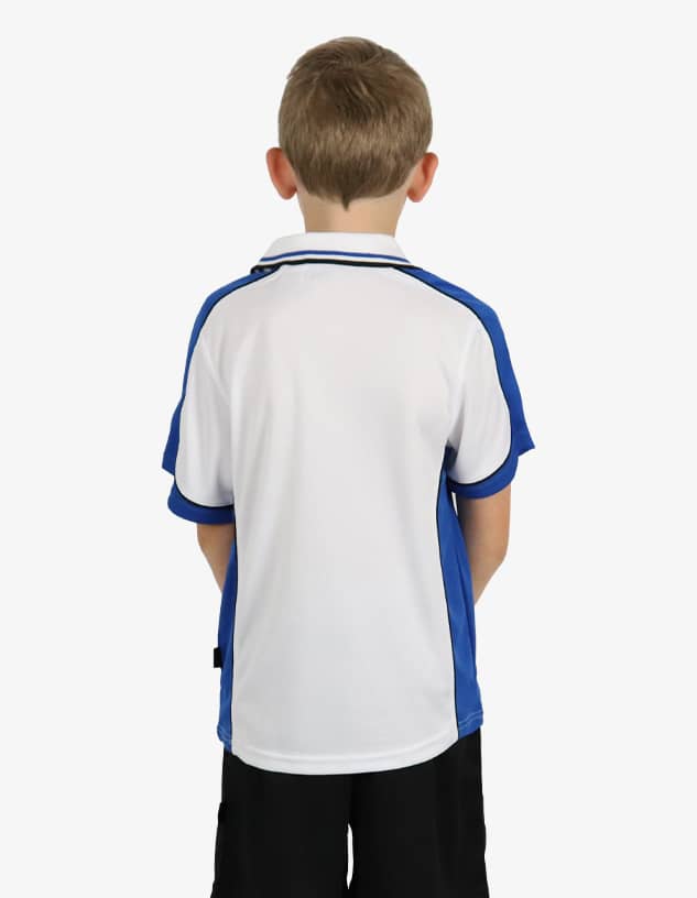A boy is wearing a blue and white polo shirt with a logo, viewed from the back.