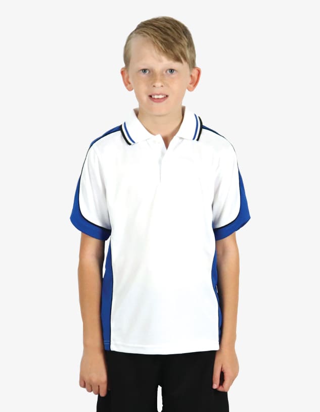 A boy wearing a white polo shirt with blue sleeves and a logo on the chest.