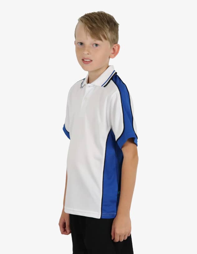 A children's polo shirt in white with blue accents and a logo on the chest.