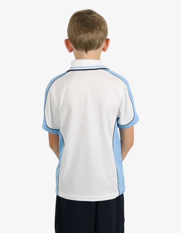 A polo shirt in white and light blue, featuring a logo and designed for youth sizes, displayed from the back.