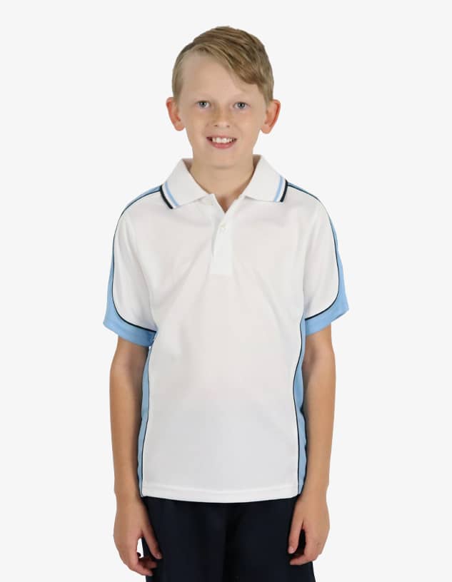 A boy wearing a white polo shirt with light blue sleeves and side accents, featuring a logo.
