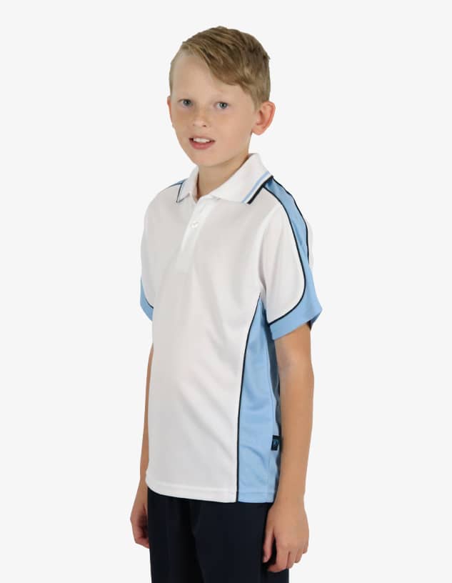 A polo shirt featuring a white body with light blue sleeves and a logo.