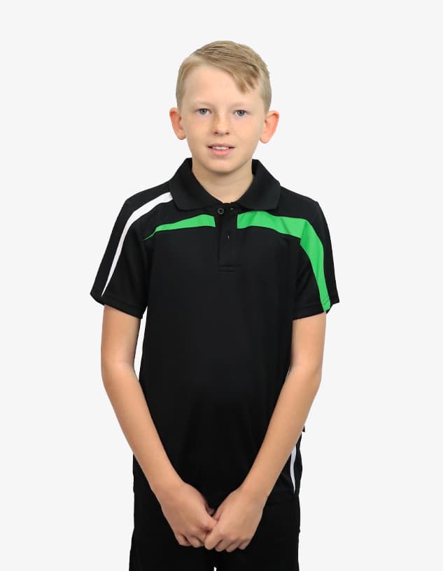 A young boy wearing a black polo shirt with green and white stripes. The shirt features a logo.