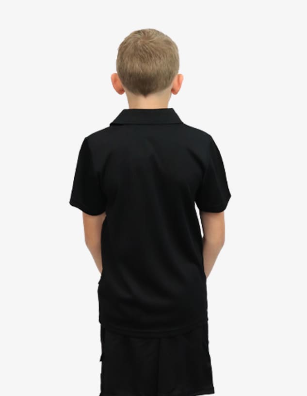 A black polo shirt is displayed, featuring a classic collar and short sleeves, viewed from the back.