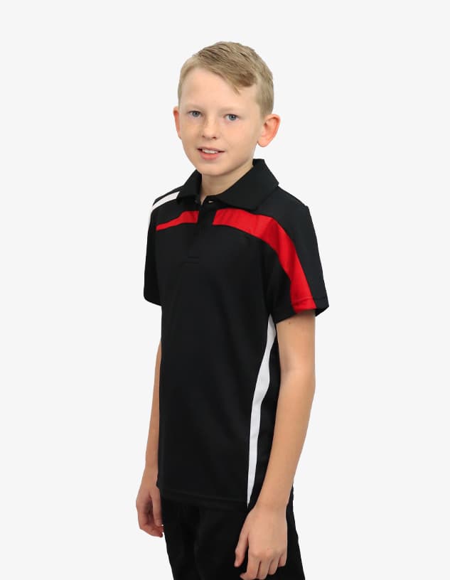 A black polo shirt with red and white accents, featuring a collar and short sleeves. The shirt has a logo.