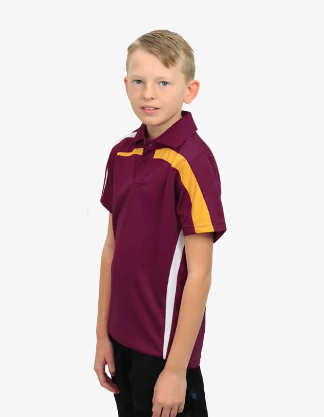 A maroon polo shirt featuring yellow and white accents, styled for children, with a brand logo present.