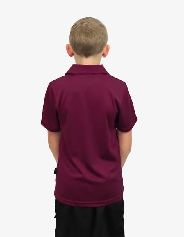 A maroon polo shirt shown on a child from the back, featuring short sleeves and a collar.