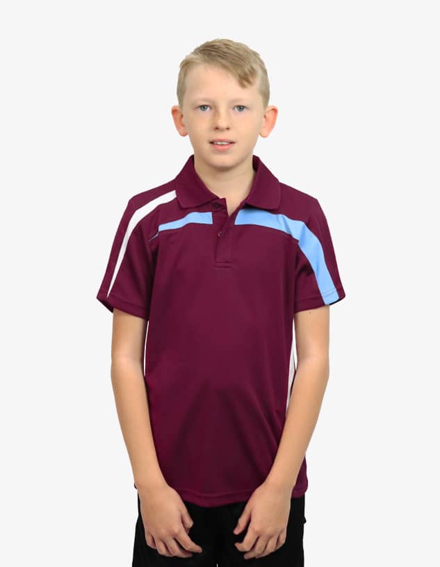 A maroon polo shirt with light blue accents, featuring a logo on the chest. Suitable for casual wear.