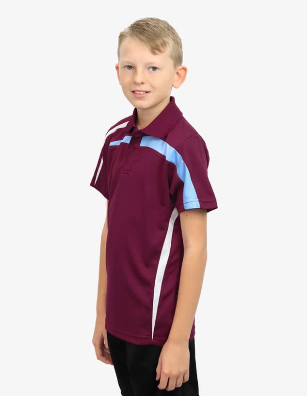 A boy wearing a maroon polo shirt with blue and white stripes, featuring a logo on the chest.