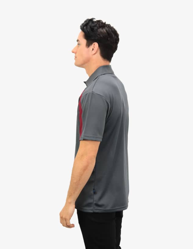 A grey polo shirt with maroon accents, featuring a logo on the chest and a classic collar design.