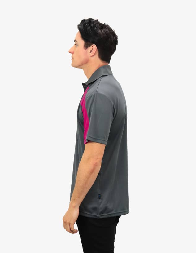 A grey polo shirt with a pink accent, featuring a logo on the chest and a classic collar design.