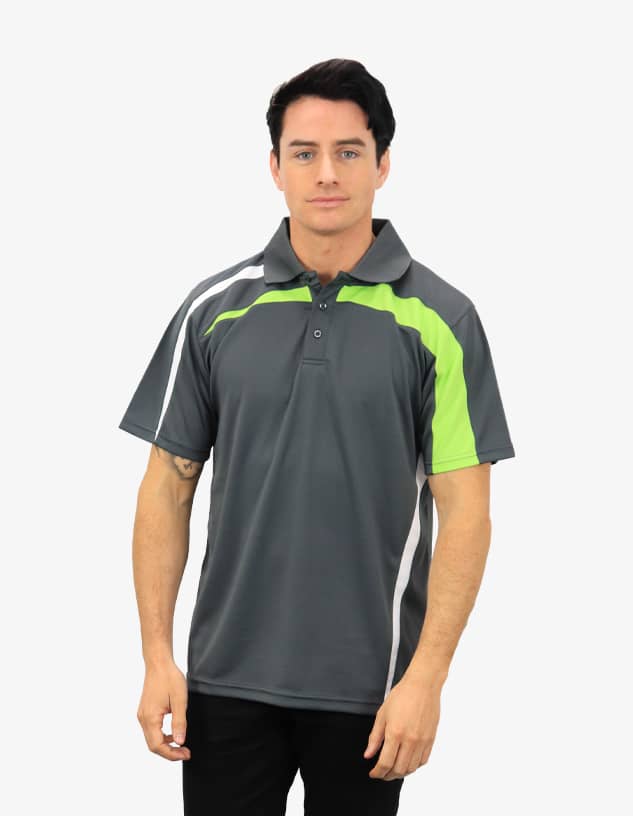 A grey polo shirt with green accents, featuring a collar and short sleeves, displayed on a model.