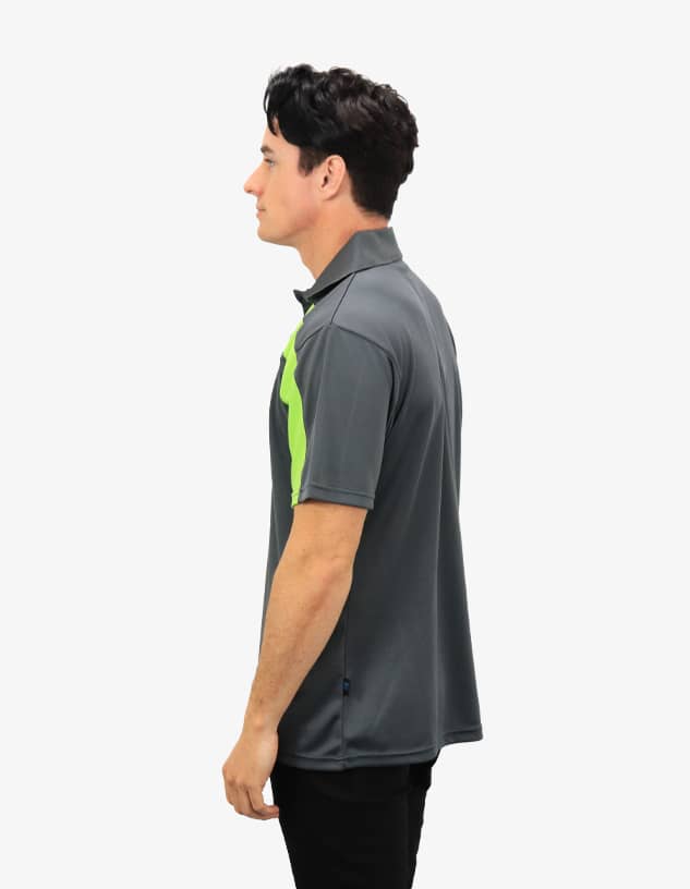 A grey polo shirt with green accents, featuring a logo on the side, displayed on a model.