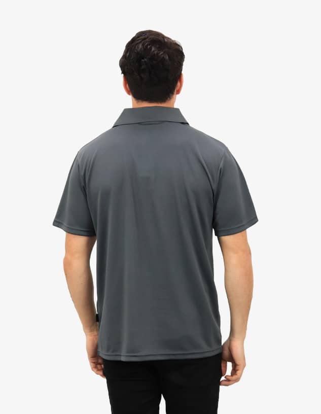 A grey polo shirt with a relaxed fit, featuring a simple design and a logo on the back.