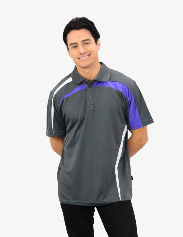 A polo shirt in dark grey with purple and white accents, featuring a small logo.