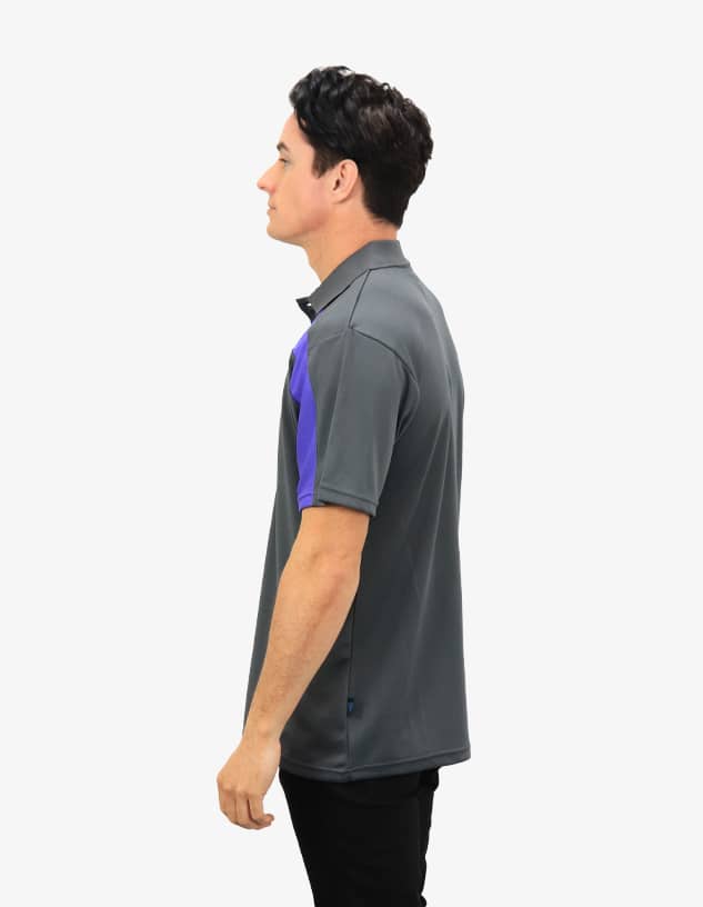 A grey polo shirt with purple accents, featuring a collar and a logo on the chest.