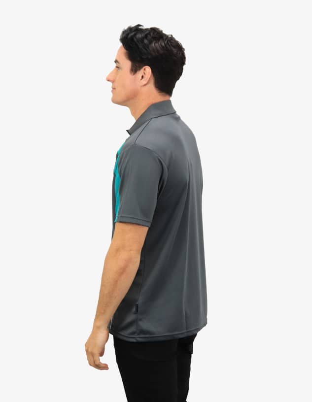 A grey polo shirt with turquoise accents, featuring a logo on the left side and a streamlined fit.