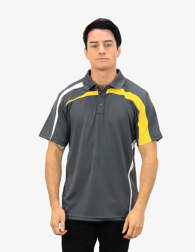 A grey polo shirt with yellow accents and a logo, featuring a classic collar and short sleeves.