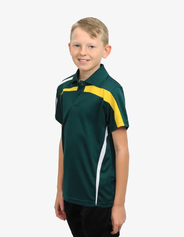 A polo shirt in green with yellow and white accents, worn by a smiling child. It features a logo on the front.