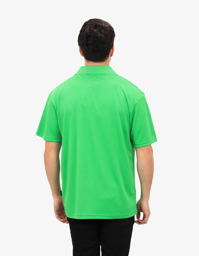 A green polo shirt with a relaxed fit and a back view. It features a logo on the upper back.