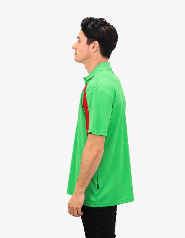 A green polo shirt with red accents, featuring a logo. The shirt is worn by a man seen from the side.