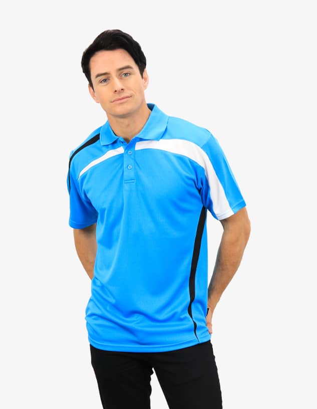 A blue polo shirt featuring white and black accents and a logo. Suitable for casual or active wear.
