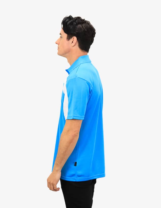 A blue polo shirt with white accents, featuring a logo on the chest and a side view of a model.