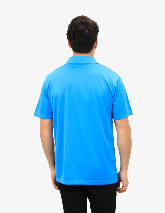 A blue polo shirt with a solid colour design, featuring a logo on the back.