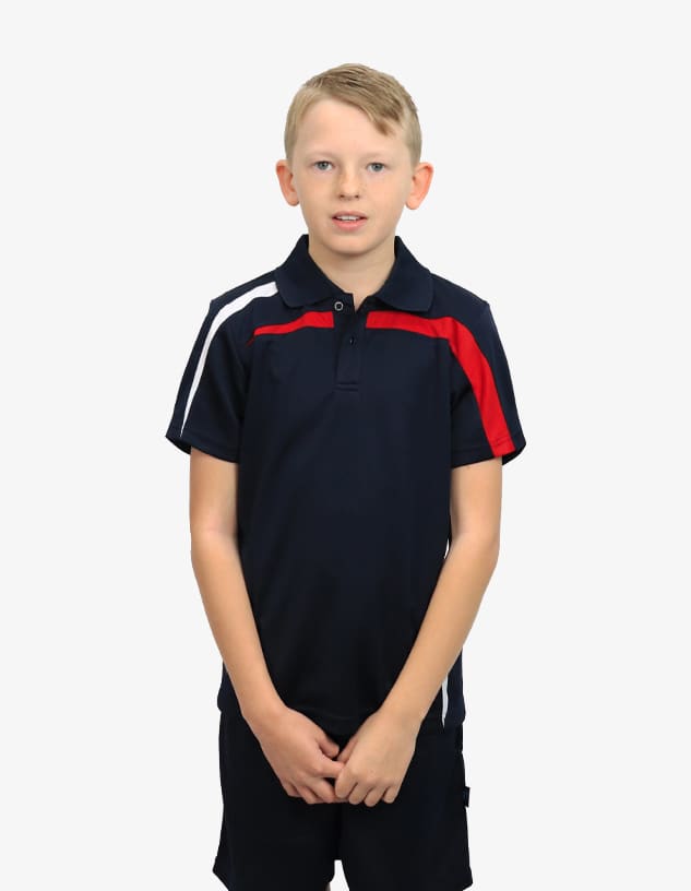 A navy blue polo shirt featuring white and red stripes. The shirt has a collar and a branding logo.