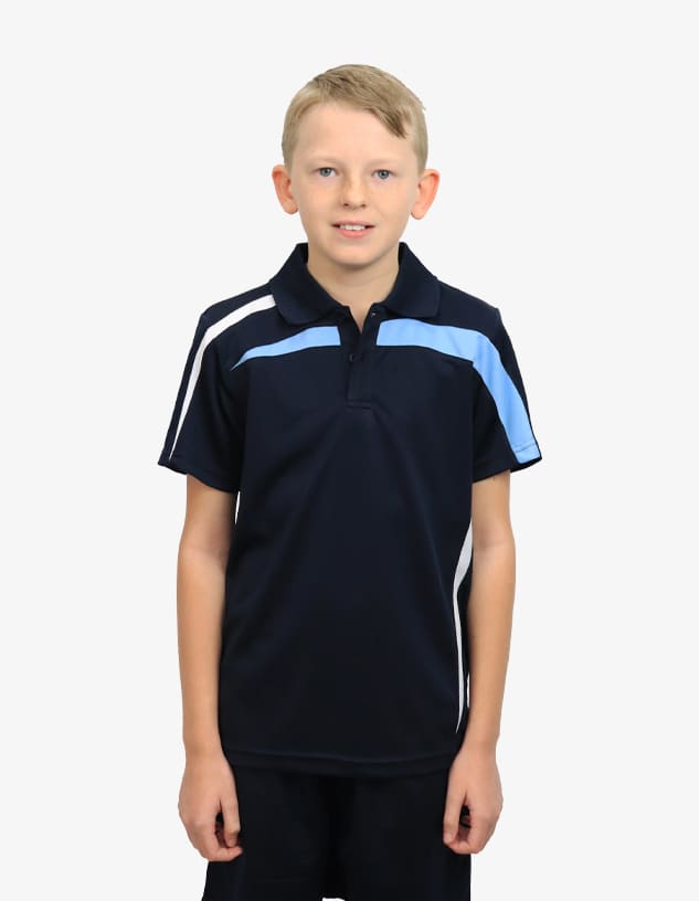 A navy blue polo shirt featuring light blue stripes on the shoulders and a logo on the chest.