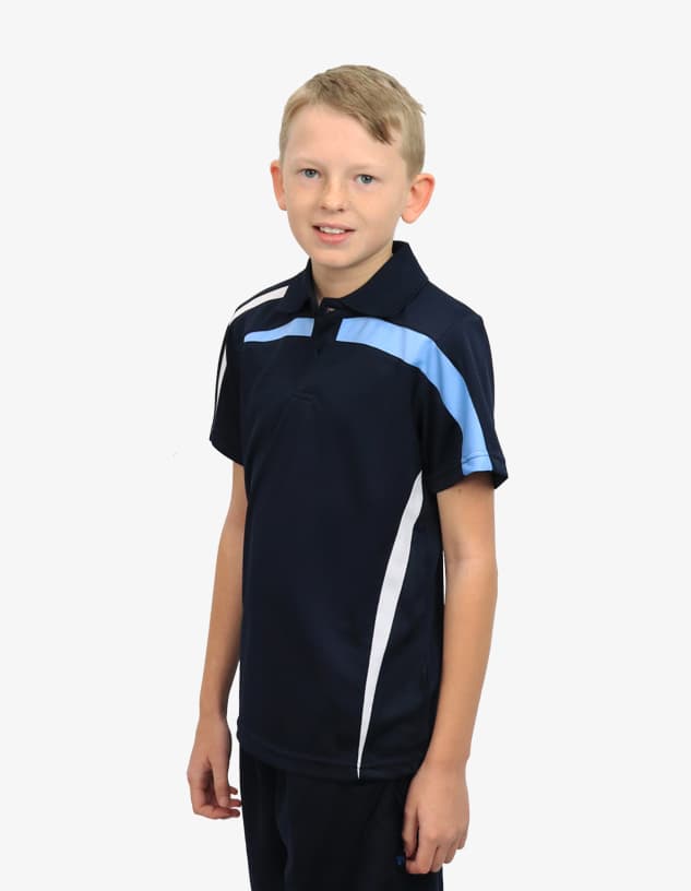 A boy in a navy polo shirt with light blue and white accents, featuring a logo.