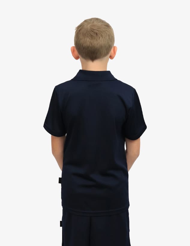 A navy blue polo shirt displayed on a child from the back, featuring a logo on the collar area.