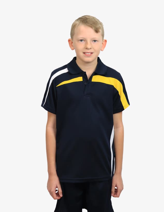 A navy blue polo shirt featuring yellow and white stripes, worn by a young boy standing against a white background.