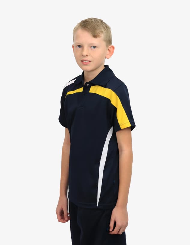 A navy blue polo shirt with yellow and white accents, featuring a logo. A child is wearing the shirt.