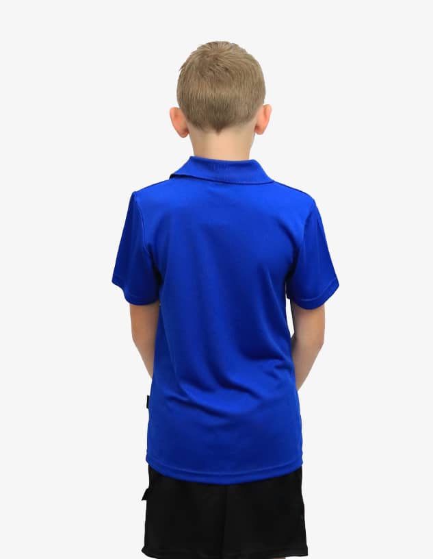 A blue polo shirt displayed on the back of a boy, featuring a logo on the collar.