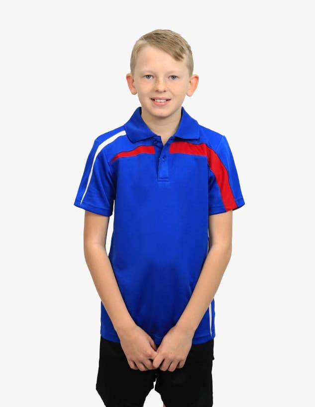 A blue polo shirt featuring red and white stripes, displayed on a child standing against a plain background.