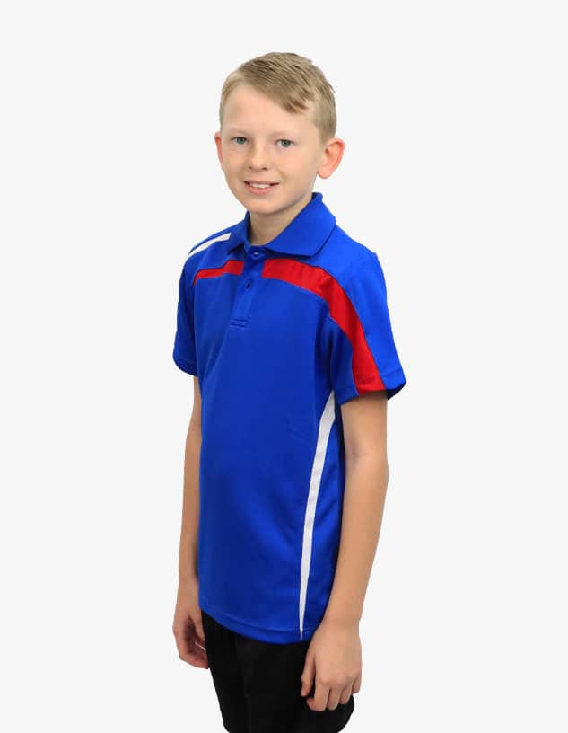 A blue polo shirt with red and white accents, featuring a logo on the chest area.