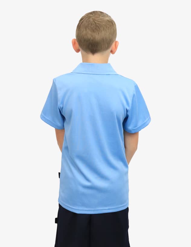 A blue polo shirt for kids is displayed, featuring a standard collar and short sleeves. It has a branding logo.