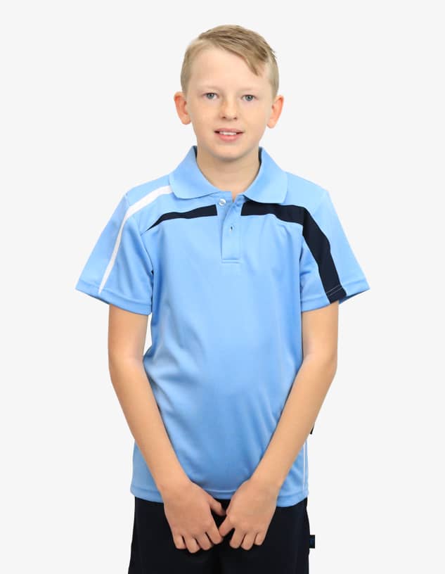 A light blue polo shirt featuring black and white accents, displayed on a young person. The shirt has a logo present.