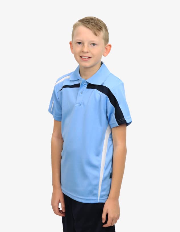 A light blue polo shirt with black and white accents, featuring a logo on the chest area.