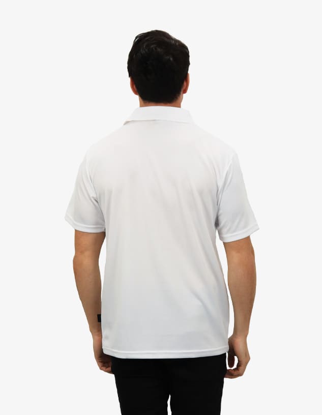 A white polo shirt with short sleeves, featuring a collar and a logo on the back.
