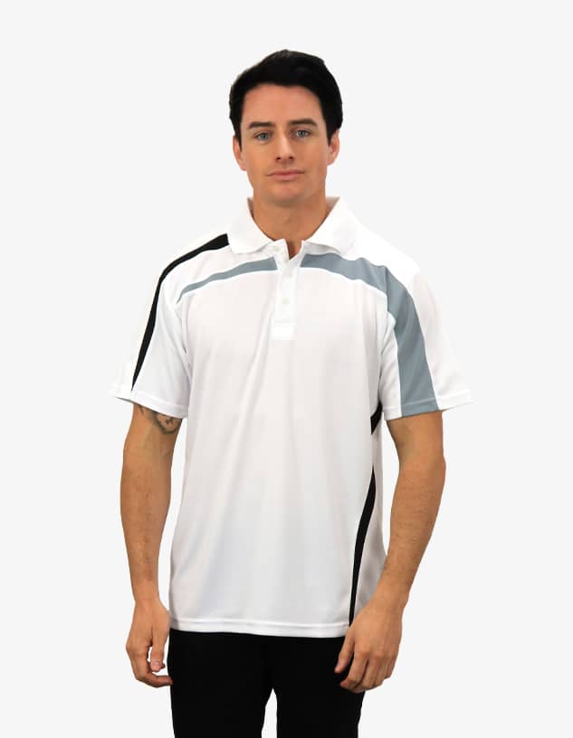 A white polo shirt featuring grey and black accents, displayed by a model. The shirt includes a logo.