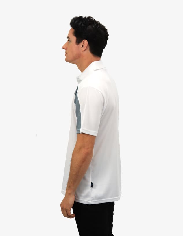A white polo shirt with grey accents, featuring a side view of a model wearing it. The shirt has a logo on it.
